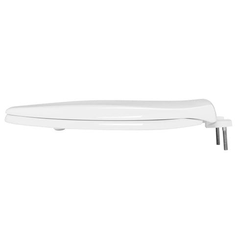 Commercial Heavy Duty Elongated Toilet Seat With White Cover And No Slam Seat Built Different For Busy Public Washrooms side view.