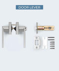Six Piece Polished Chrome Door Handles Set For Interior Doors, components including latch, strike plate, and screws on display.