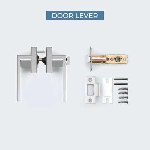Six Piece Polished Chrome Door Handles Set For Interior Doors, components including latch, strike plate, and screws on display.