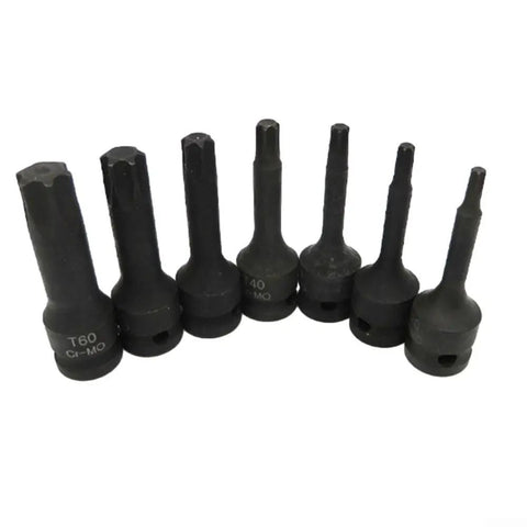 Three Eighth Inch Drive Socket Set Seven Piece Beefy Torx Bit Sockets Up To T60 With Black Oxide Coating, 7 sockets lined up