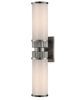 Top Tier Two Light Wall Sconce In Classic Antique Nickel Finish Measuring 21 Inches High By 5.25 Inches Wide with frosted glass shades.