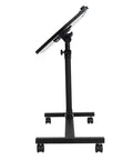 Slick Adjustable Height Computer Desk With Smooth Rolling Casters For No Sweat Home Office Setup Ergonomic Lift Standing Workstation Mobile Laptop Cart Black Finish side view showing adjustable height mechanism and casters.
