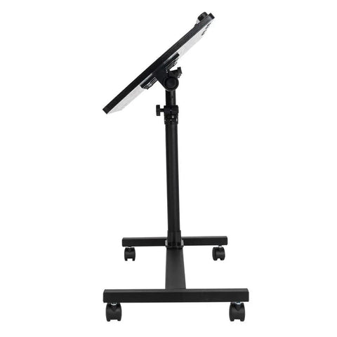 Slick Adjustable Height Computer Desk With Smooth Rolling Casters For No Sweat Home Office Setup Ergonomic Lift Standing Workstation Mobile Laptop Cart Black Finish side view showing adjustable height mechanism and casters.