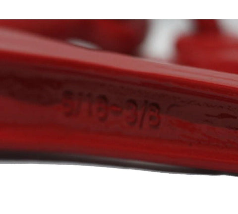 Close-up of size marking on red Lever Style Snap Chain Binders For Flatbed Truck Trailers 5/16-3/8 G70 Chain