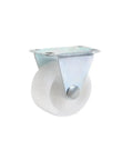 Set Of Four 3 Inch White Polypropylene Directional Fixed Cabinet Casters For Furniture shown close-up, metal mount visible