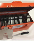 Slotted Shim Kit 5x5 Inch Stainless Steel 130-Piece With Tabbed Shims 0.001 to 0.125 Inch Thick Grade 302/304 in orange box