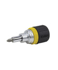Compact Six In One Stubby Ratcheting Screwdriver With Phillips And Slotted Bits Plus One Quarter Inch And Three Sixteenth Inch Nut Drivers