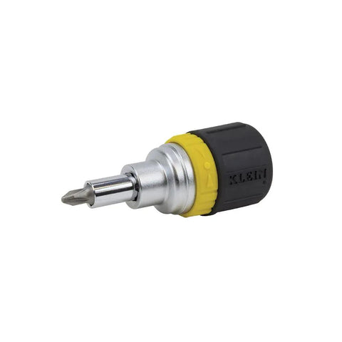 Compact Six In One Stubby Ratcheting Screwdriver With Phillips And Slotted Bits Plus One Quarter Inch And Three Sixteenth Inch Nut Drivers