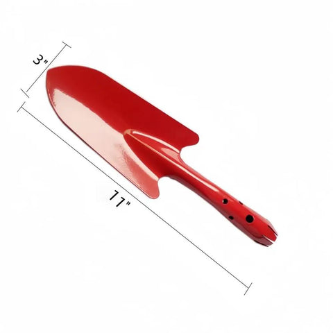 Red 11" metal hand shovel from Colorful Mini Metal Hand Shovel And Trowel Set For Kids Five Pack Of Durable Garden Tools.