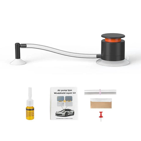 Windshield Crack Repair Kit With Nozzle, Glass Repair Fluid, Air Pump, Easy DIY Tool, visible double suction cups and silicone tubing.