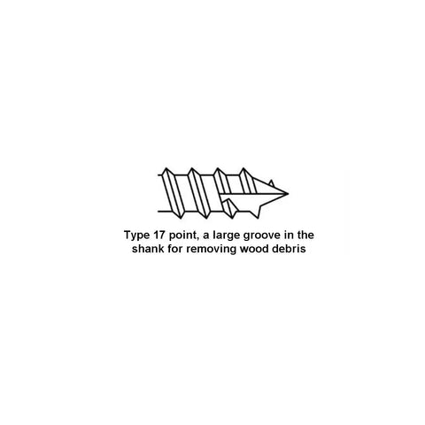 Type 17 point on Heavy Duty Flat Head Wood Screws Eight X Two Inch Zinc Coated Steel Fasteners, designed to remove wood debris.