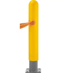 Heavy Duty 60 Inch Yellow Bollard Post Sleeve With Dome Top Rock Solid Impact Guard For Parking Lots, HDPE material, installed over metal post.