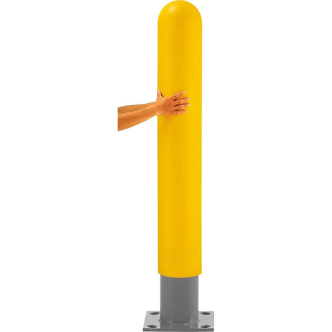 Heavy Duty 60 Inch Yellow Bollard Post Sleeve With Dome Top Rock Solid Impact Guard For Parking Lots, HDPE material, installed over metal post.
