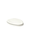 Molded Wood Elongated Toilet Seat In Almond With Color Matched Plastic Hinges, Stonewood Style, shown closed.