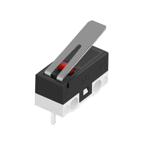 AC 125V 2A Micro SPDT Limit Switch with long hinge lever and 3-pin rocker style, shown in close-up, ideal for Arduino projects.