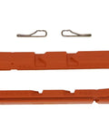 V Bicycle Brake Pads Salmon Color All Weather Pro Grade Inserts For Linear Pull Brakes Rim Friendly Compound That Reduces Rim Wear And Clears Water Mud With Angled Tip, showing pads and pins