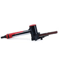 Lightweight Kickass Mini Pneumatic Belt Sander With Adjustable Angle Design, air-powered tool with red accents and sanding belt attachment.