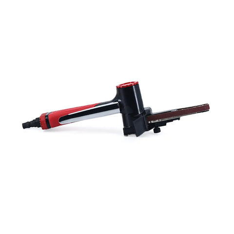 Lightweight Kickass Mini Pneumatic Belt Sander With Adjustable Angle Design, air-powered tool with red accents and sanding belt attachment.
