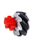 64mm mecanum wheel with red motor hub and black roller tires on a white carrier.