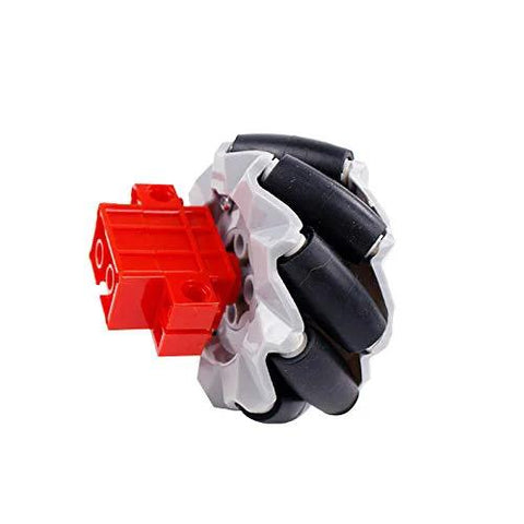 64mm mecanum wheel with red motor hub and black roller tires on a white carrier.