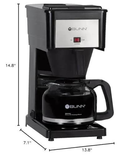 Velocity Brew High Altitude 10-Cup Home Coffee Maker With Speed Brew Tech And Stainless Steel Hot Water Tank For Consistent Quick Brews At 4000 Feet And Higher, front view showing dimensions