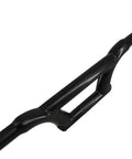Close-up of Steel BMX Riser Handlebar 710mm Wide 22.2mm Clamp Black Ergonomic Glossy Finish For Comfortable Riding High Rise Bar.