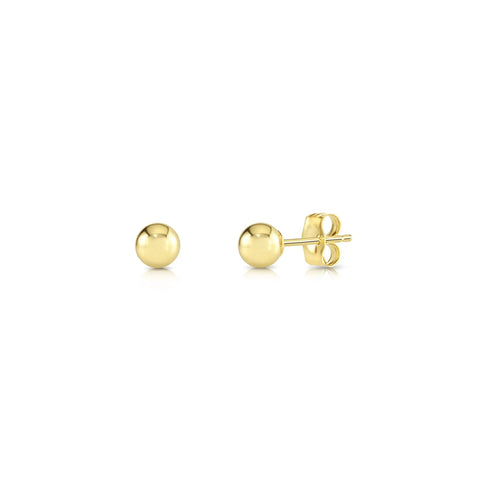 14K Yellow Gold Polished Ball Stud Earrings With Butterfly Pushbacks, 4mm Tiny Spheres, Real Gold Finish, Durable Secure Fit For Everyday Wear, Unisex Go To Minimalist Style, Gift Ready. Pair of 4mm 14k yellow gold ball stud earrings with butterfly backs