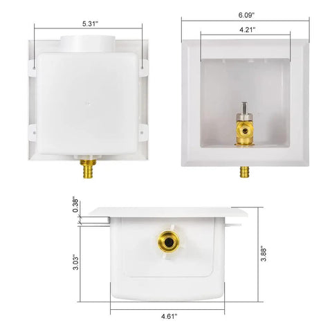 Universal Ice Maker Box With One Half Inch Pex Crimp Inlet And Installed One Quarter Turn Brass Ball Valve Snap On Faceplate Rough Opening Five By Three By Two Inches No Fuss Easy Install NSF 61 G Compliant front view
