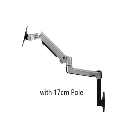 Slick Wall Mount Monitor Arm With Smooth Full Motion Articulation Premium Aluminum Mechanical Spring Display Stand Ergonomic Silver Laptop Workstation Ultra Heavy Duty with 17cm pole for flexible use.