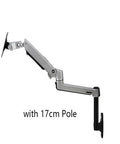 Top Shelf Wall Mount Full Motion Monitor Arm Featuring Heavy Duty Aluminum Housing Super Smooth Spring Swivel For Easy Angle Tweaks Quick Height Boosts And Tidy Cable Runs In Matte Black on a 17cm pole.