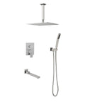 Shower System Combo with Hand Shower and Tub Spout in brushed nickel finish, includes overhead shower and handheld sprayer.