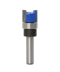 Premium One Piece Flush Trim Router Bit With 1/4 Inch Shank Bearing for smooth woodworking cuts, showing the bit's detail and color.