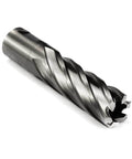 Annular cutter drill bit, 3/4 in diameter, 2-flat Weldon shank, silver metal, close-up view