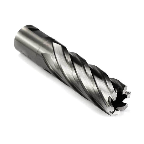Annular cutter drill bit, 3/4 in diameter, 2-flat Weldon shank, silver metal, close-up view