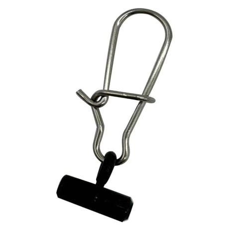 Single sinker slider with six pound duo lock snap for fishing rigs made of stainless steel and ABS plastic for saltwater surf tackle.