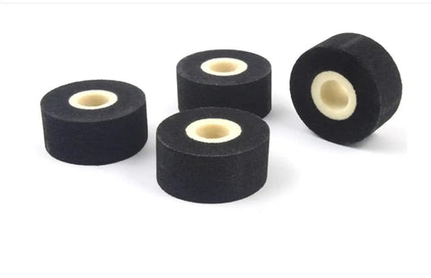 Top Shelf 24 Pack Black Solid Ink Rolls For Hot Stamp Coders Straight Up Slick 36 Millimeter By 16 Millimeter replacement coils on white background.