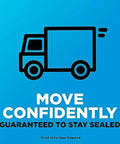 Icon of delivery truck with text 'Move Confidently Guaranteed to Stay Sealed'