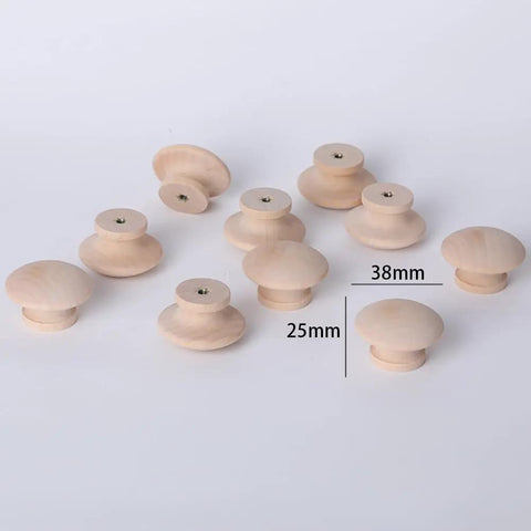 Twenty Piece Set Of One Half Inch Round Unfinished Wood Drawer Knobs Mushroom Shaped Cabinet Pulls with smooth wood finish.