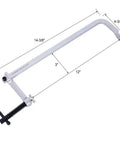 Heavy duty F clamp measuring 14-3/8 inches in length, featuring drop forged steel for serious DIY projects and woodworking jobs.