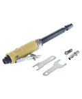 Pneumatic Die Grinder With Extended Shaft For Crevice Work Built Tough Aluminum Body, featuring elongated head and accessories.