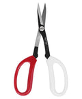 Deluxe 8 Inch Scissors For Gardening And Crafting With Durable Carbon Steel Blades Workhorse Precision Cutting For Plants Garden Fruit Floral And Fabric Materials with red and white ergonomic handles.