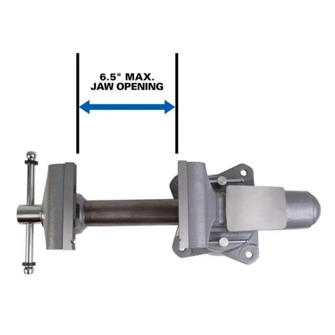 Rock Solid 6 Inch Heavy Duty Bench Vise Packing 9900 Lb Bite With Durable Steel Rails For Flawless Workshop Holding And Secure Pipe Work Ready Every Day, showing 6.5 inch jaw opening.