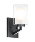 Single light detail of Four Light Vanity Light Fixtures Over Mirror Black Metal Finish with Dual Glass Shades