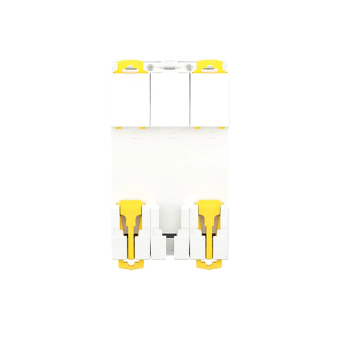 Heavy-Duty MCB Miniature Circuit Breaker 3-Pole 20-Amp C Curve Set Of Four White unit with yellow clips, front view.