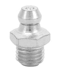 Close-up of a single plated steel M8 grease nipple fitting, part of 10 Pack Grease Nipple Fittings In Plated Steel, Leak Proof M8 Straight