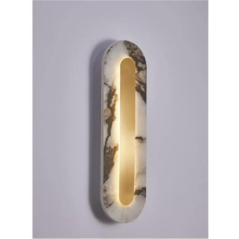 Modern Minimalist Long Marble Wall Sconce Nordic Alabaster Wall Mount Light Fixture with golden accent for bedside decor.