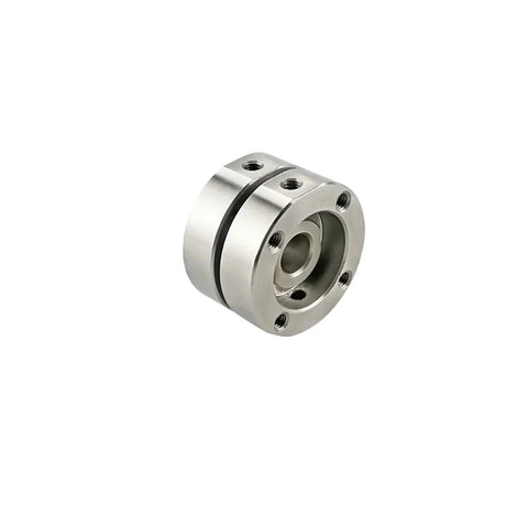 Angled front view of 360° rotating disc damping hinge, iron, with central bore and six mounting holes.