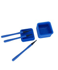 Top Shelf Silicone Glue Brush Kit Four Piece Woodworking Applicator Set With Airtight Jar and Fine Chiseled Tapered Bristles, blue tools with tray.