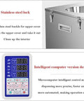 Heavy Duty Automatic Powder Filler Machine With Smart Digital Touchscreen For No Sweat Tea Coffee Bean Seed Packaging Anti Clump Vibration Feeder Knockout Precision Up To 500G showing stainless steel lock and digital control panel.