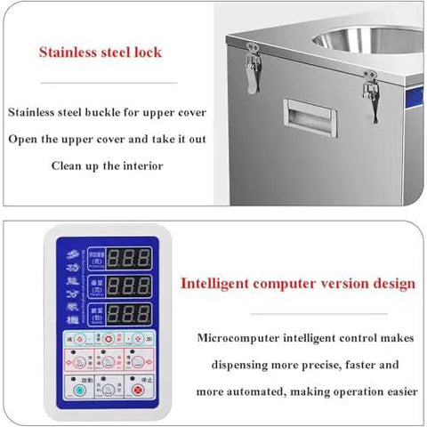 Heavy Duty Automatic Powder Filler Machine With Smart Digital Touchscreen For No Sweat Tea Coffee Bean Seed Packaging Anti Clump Vibration Feeder Knockout Precision Up To 500G showing stainless steel lock and digital control panel.
